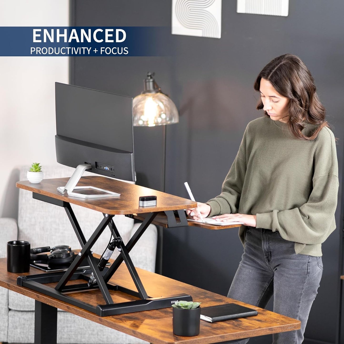 VIVO 28 inch Desk Converter, K Series, Height Adjustable Sit to Stand Riser, Dual Monitor and Laptop Workstation with Keyboard Tray, Rustic Vintage Brown Top, Black Frame, DESK-V028KN