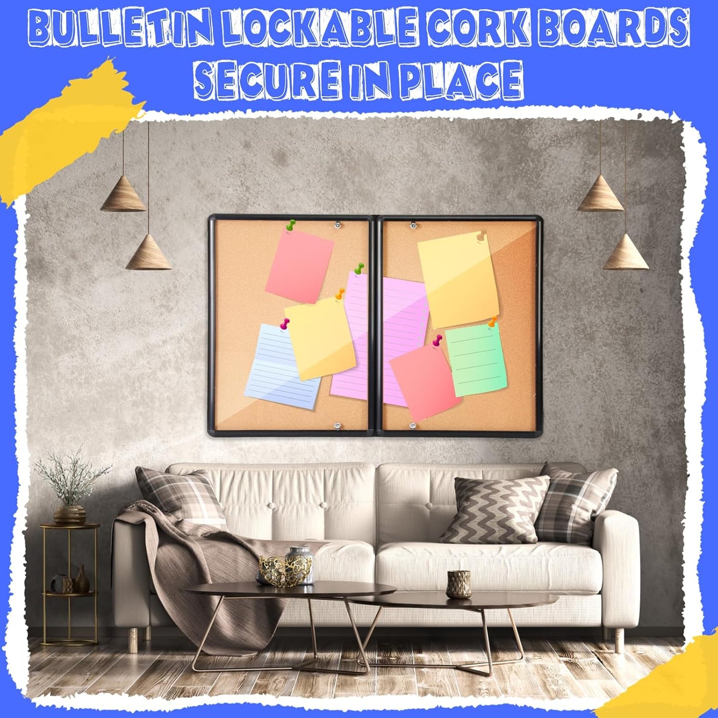 Enclosed Bulletin Board 48" x 36" Weather Resistant Lockable Notice Cork Display Board Wall Mounted 2 Locking Door for School Classroom Commercial Back to School, 12 x A4(Brown, Black Frame)