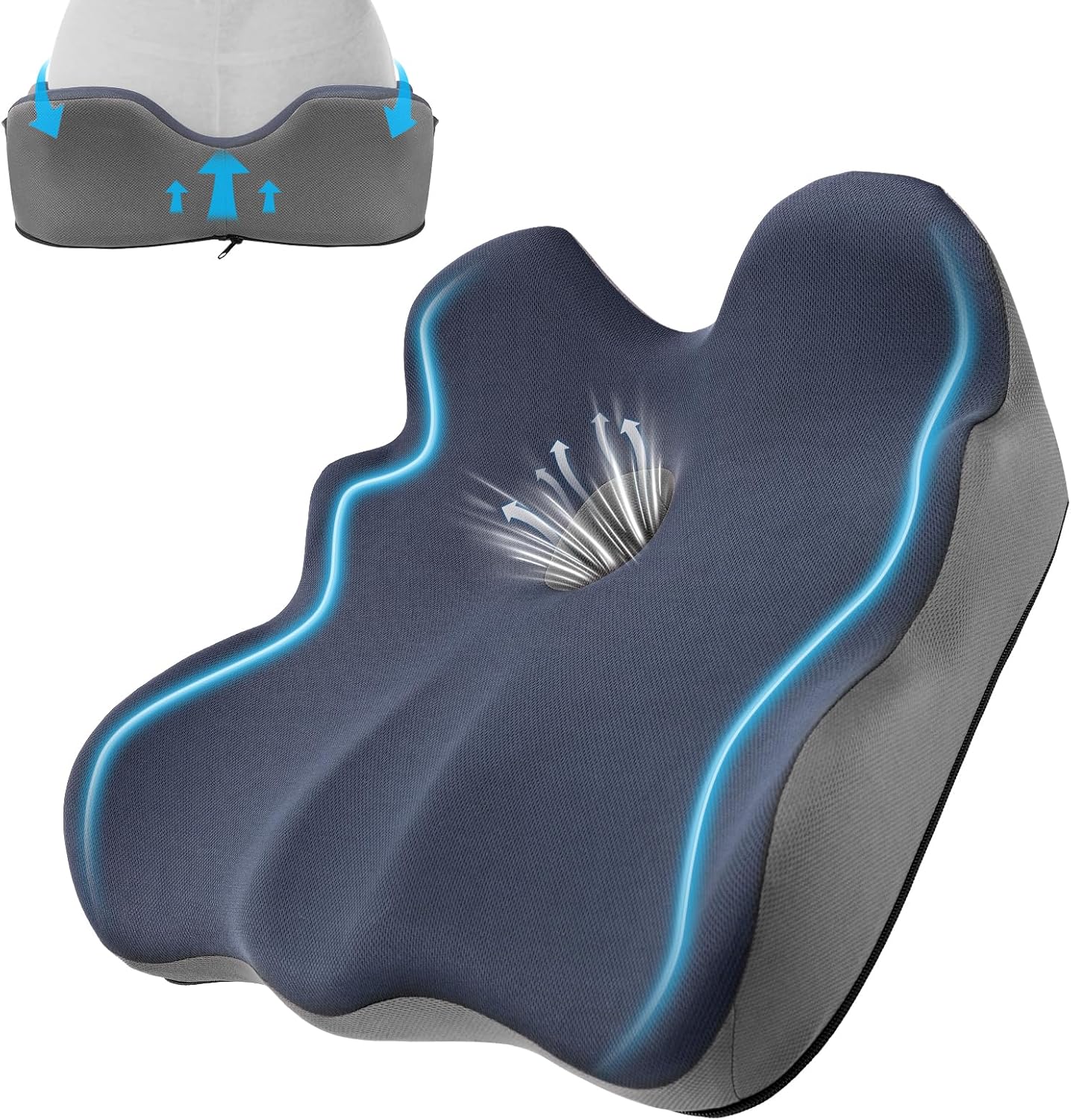Seat Cushion, X-Large Memory Foam Office Chair Cushion, for Pressure Relief Sciatica & Pain Relief for Long Sitting Hours on Office/Home Chair, Car (Blue)