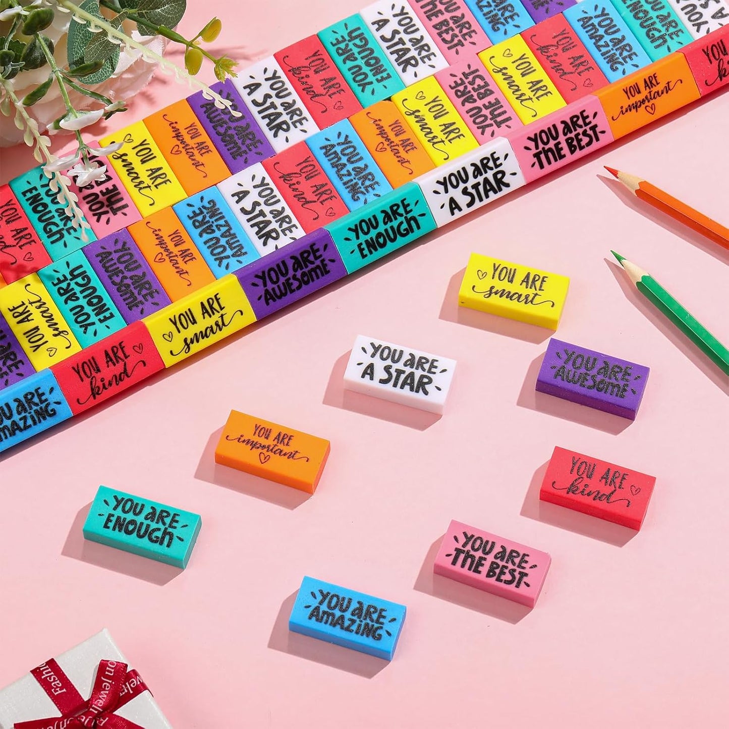 PerKoop 150 Pcs Inspirational Erasers Bulk Back to School Gifts Colorful Motivational Pencil Erasers for Kids First Day of School Favors for Students Teachers Classroom Office Supplies