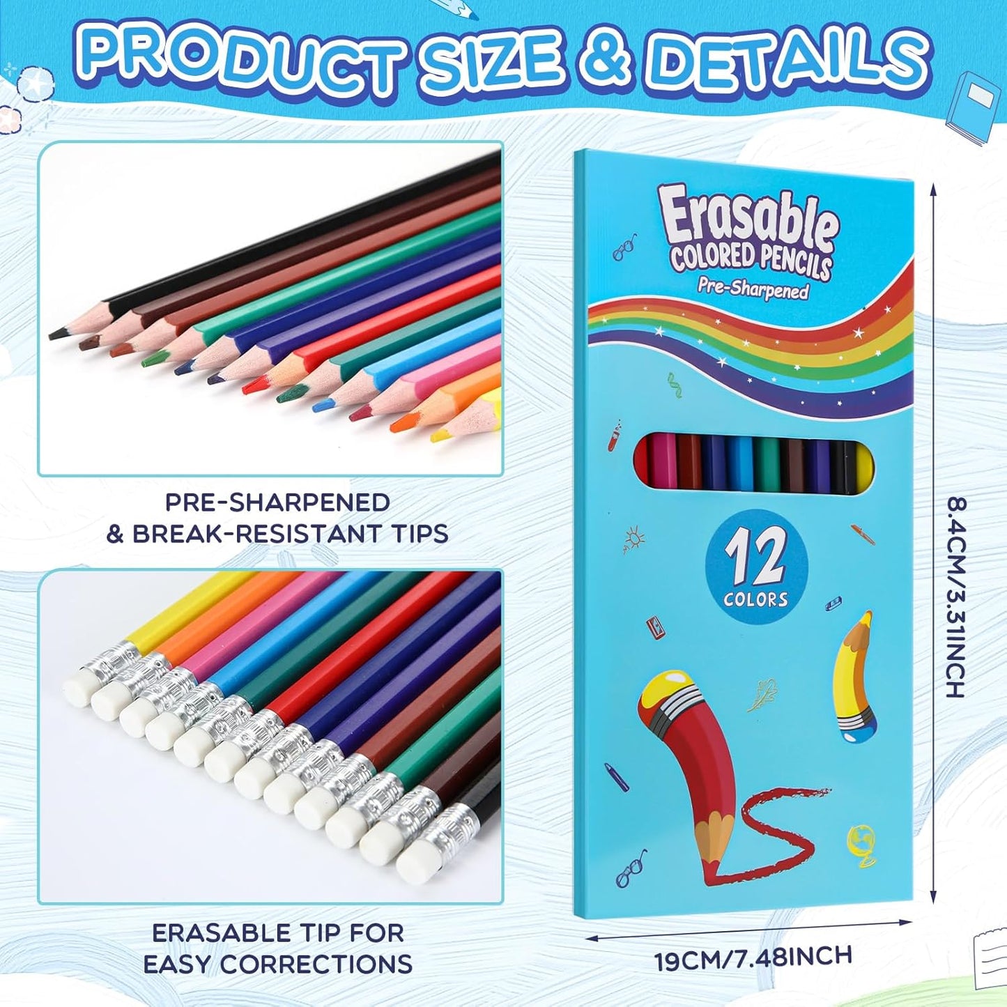 16 Sets 192 Pack Erasable Colored Pencils 12 Colors Pencils Smooth Colors with Erasers for Drawing Sketching Coloring Books Kids Adults Beginners Artists School Coloring Supplies