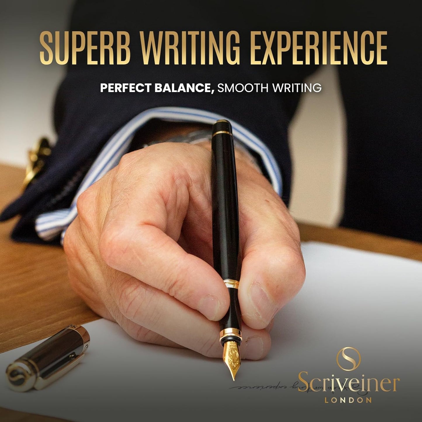Scriveiner Black Lacquer Fountain Pen - Stunning Luxury Pen, Real Gold Finish, Schmidt Gilded Nib (Broad), Best Pen Gift Set for Men & Women, Professional, Executive, Office, Nice Pens