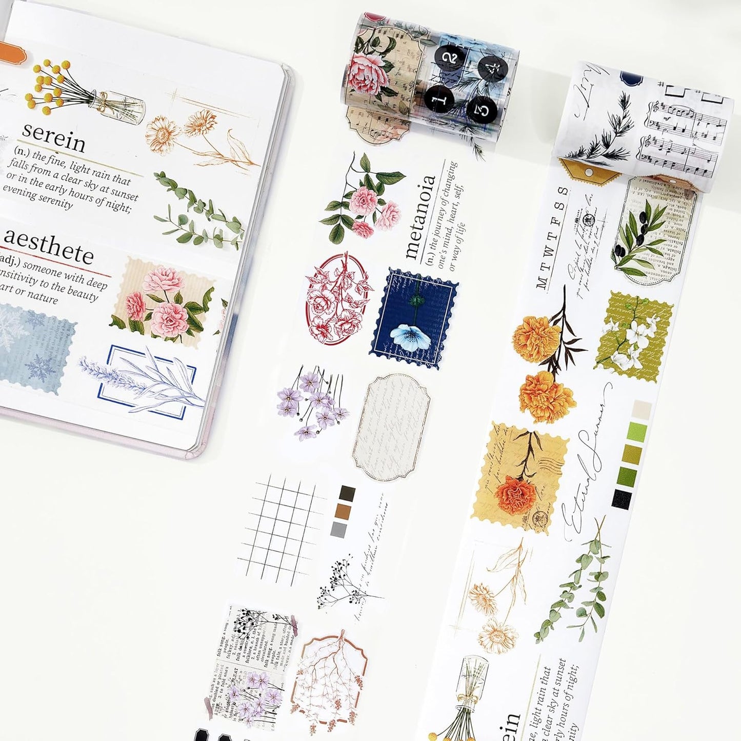 WT Season's Symphony Wide Washi Tape, Single Roll, Original Designs, Vintage Floral Watercolor Tape, Decorative Adhesive Paper Tape for Journals, Scrapbooks, Bujo Planner, DIY Crafts