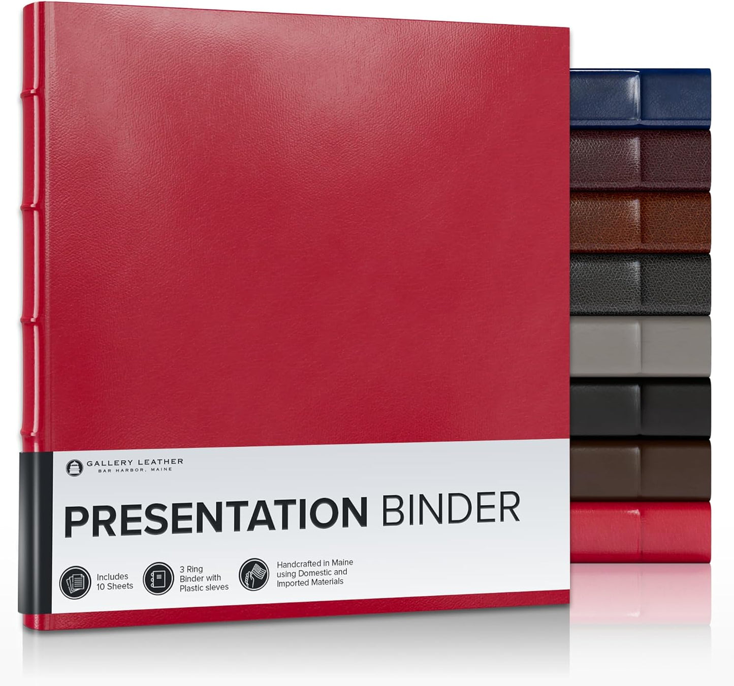 Gallery Leather 3 Ring Binder with Plastic Sleeves, Includes 10 Sheets, Sheet Size: 8.5" x 11" - Presentation Binder Rings with Hubbed Spine, Thick: 1.25" Camden Red