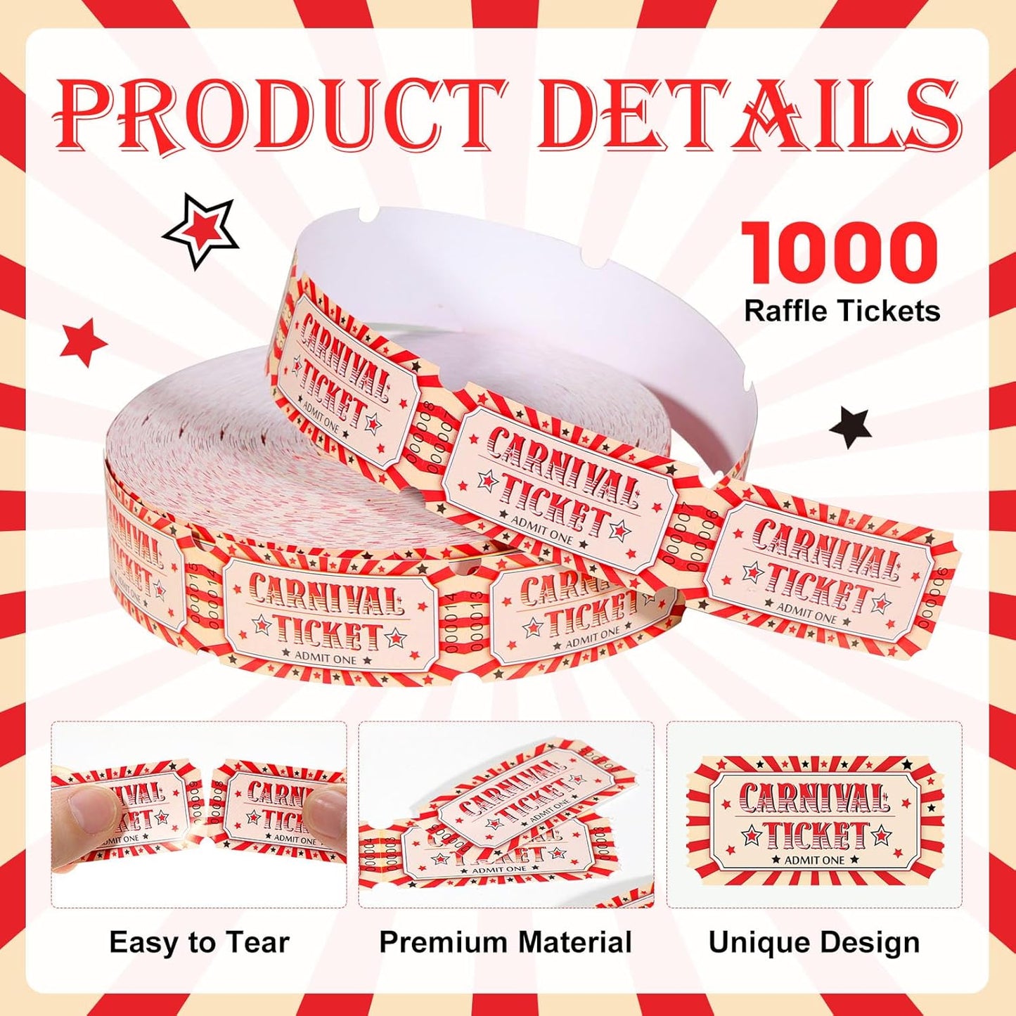 1000 Pcs Carnival Tickets Carnival Theme Party Decorations Circus Raffle Tickets Roll Party Ticket for Events Carnival Favors Supplies