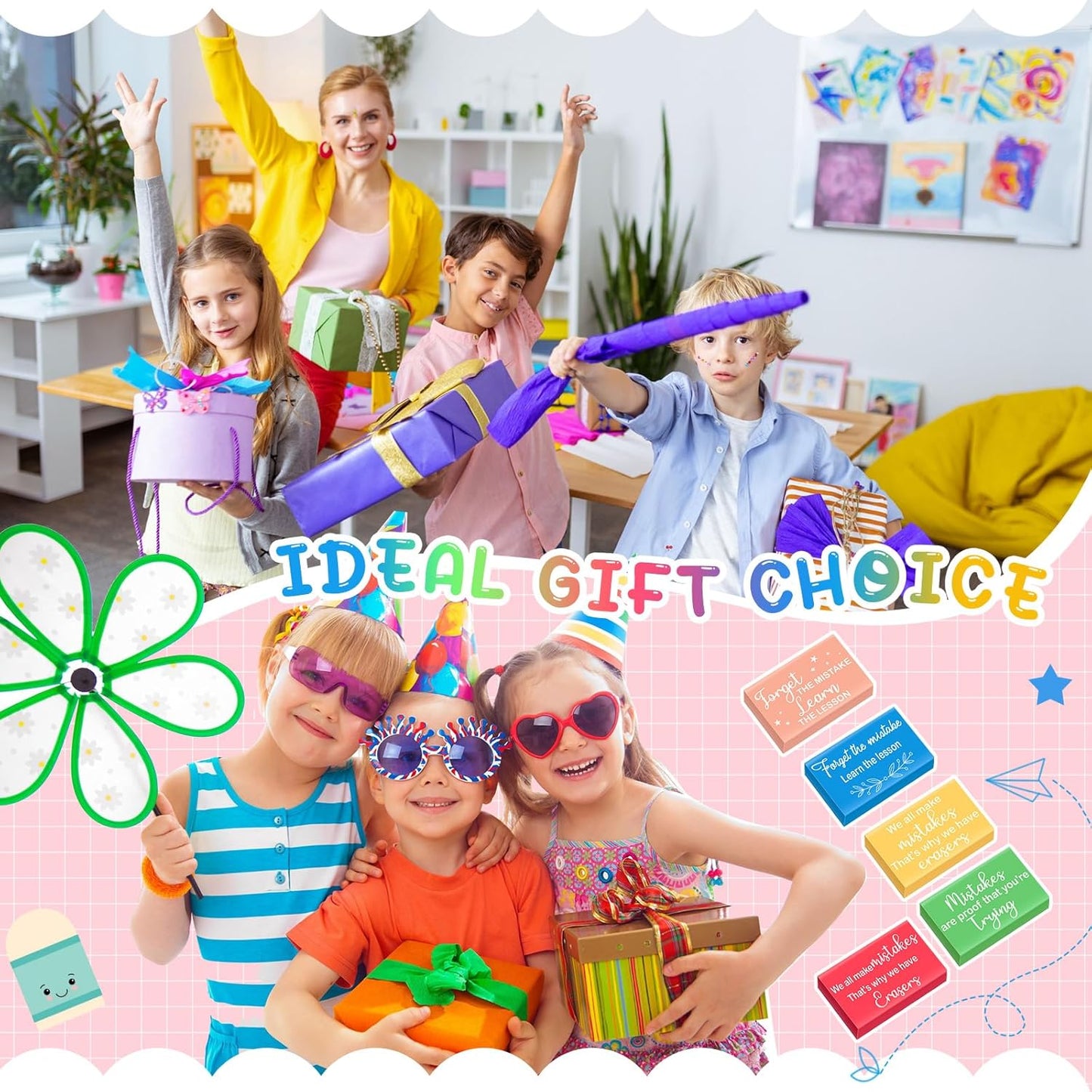 Nezyo 150 Pcs Inspirational Erasers Bulk for Kids Back to School Gifts Neon Colored Pencil Erasers Motivational Reward Supplies for Classroom Students Drawing