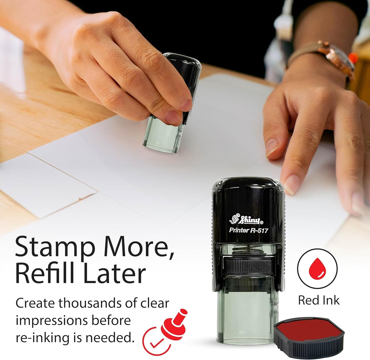 Shiny Gratuity Included Stamp, Round Self Inking Stamp for Restaurant, Bar and Retail, Red Ink