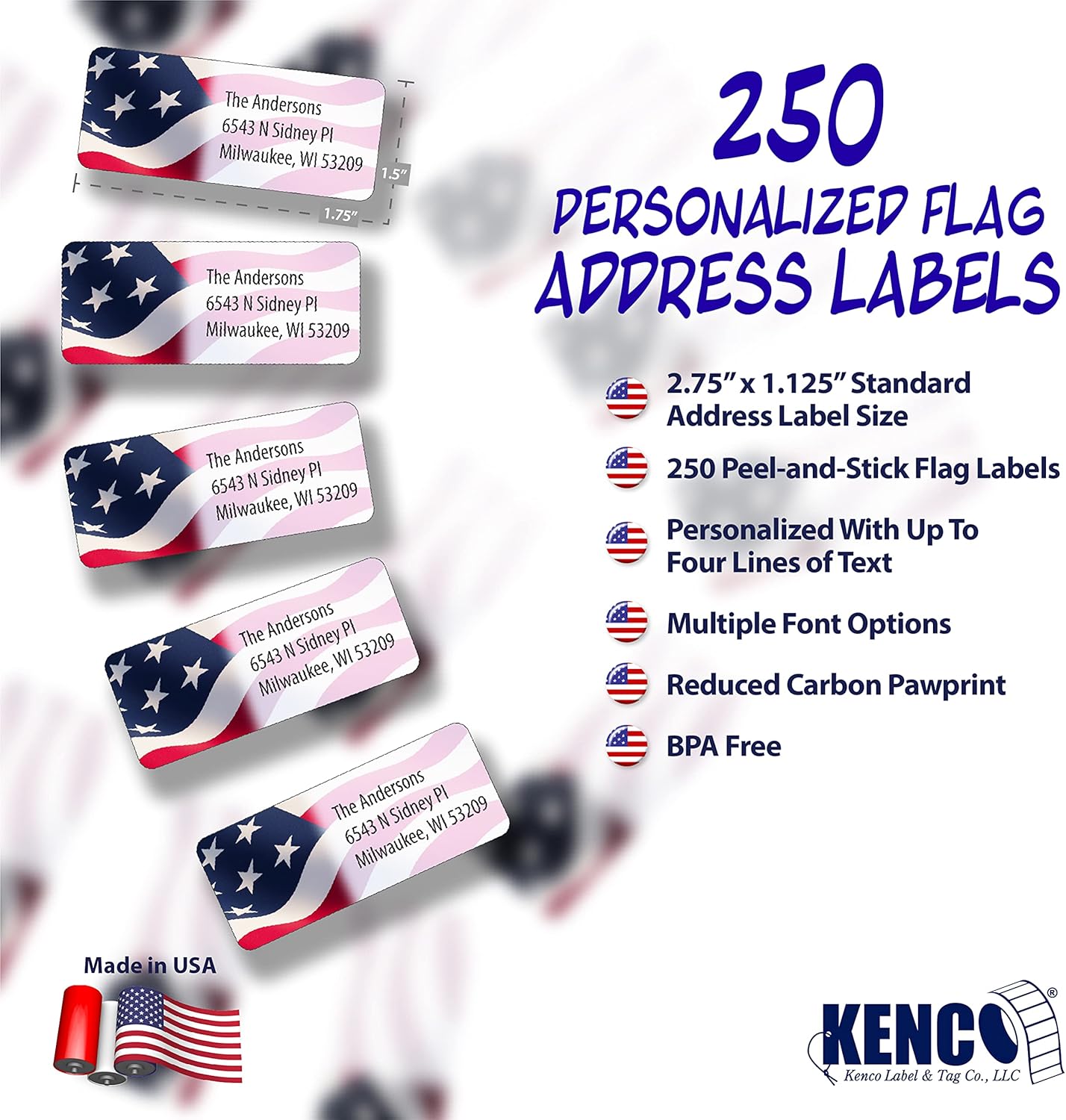 Customized Personalized Address Labels - Made in The USA by Kenco (250 Labels, American Flag)