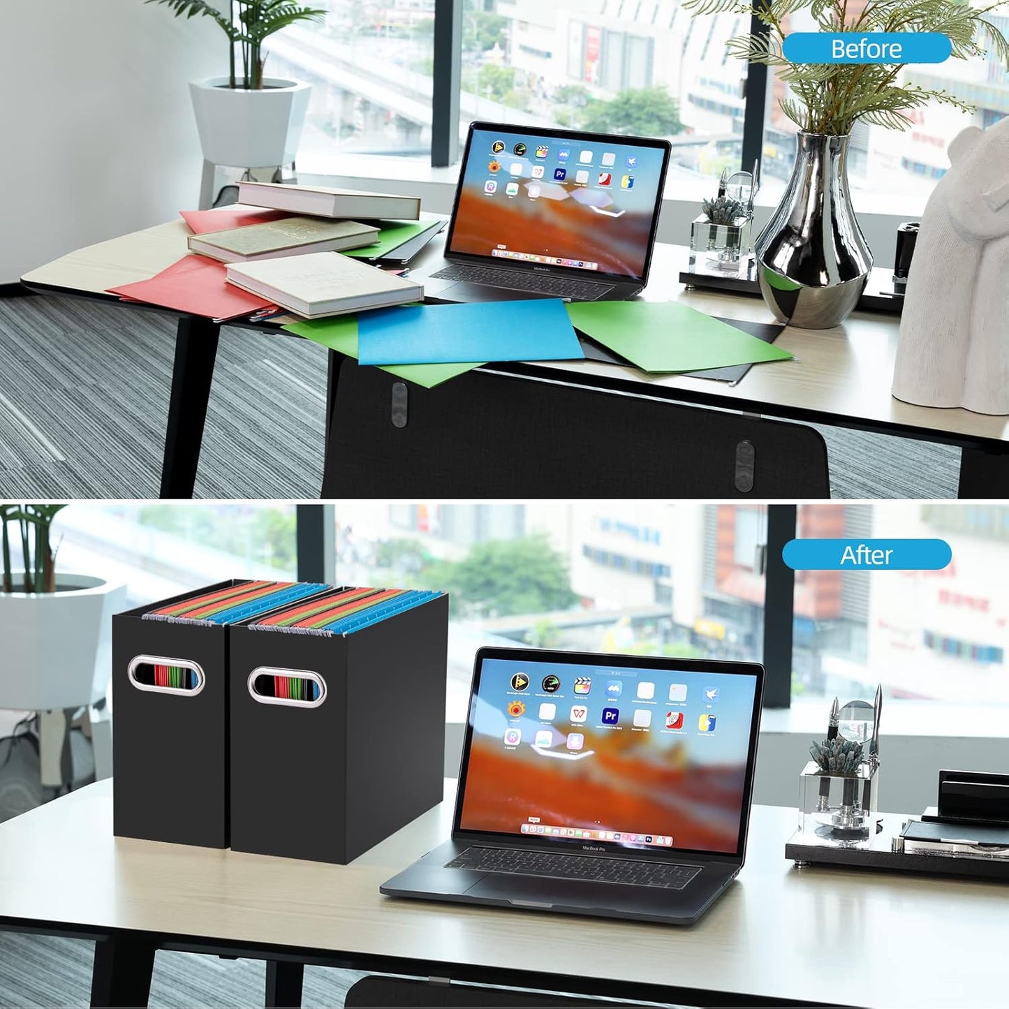 Oterri File Organizer, 6 Packs Small Storage Box, Cardboard File Folder Organizer, Collapsible File Box for Hanging File Folders Letter Size, Portable Filing Organizer with Handle（Black）