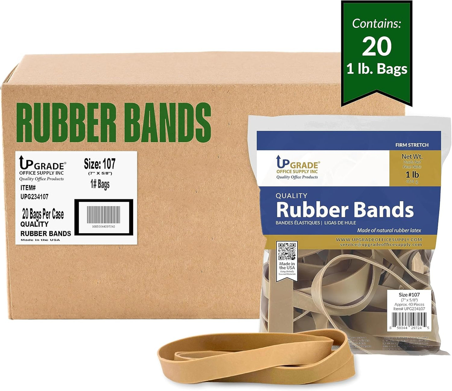 Upgrade Office Supply UPG234107CS Rubber Bands, Size 107 (7 x 5/8), 800 Bands, 1 lb 20-Pack Case, USA