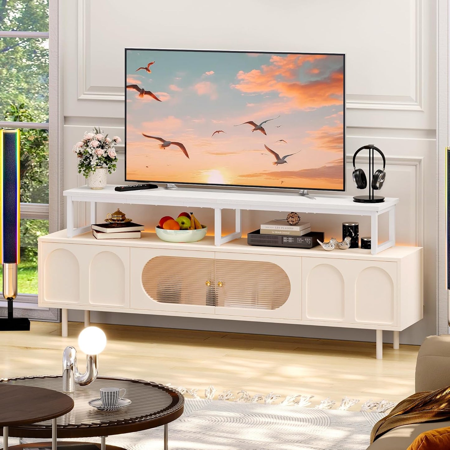 Clikuutory 59" Large TV Riser for 32-75 inch TVs, Tabletop Stand with Steel Legs, Storage & Dual - Screen Office Desk Function, Ideal for Home Office, Bedroom, Living Room, White