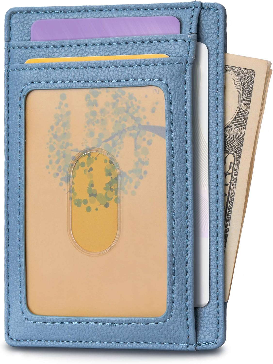 Buffway Slim Minimalist Front Pocket RFID Blocking Leather Wallets for Men and Women - Lichee Blue Grey