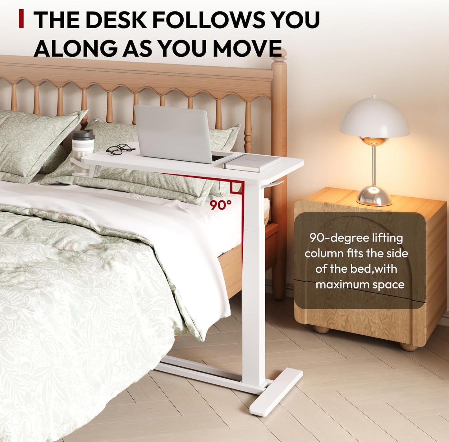 SANODESK Mobile Standing Desk with Hidden Wheels,Pneumatic Laptop Desk Rolling Computer Cart Movable Height Adjustable Small Sit Stand Desk for Home Office(27.6" W x 15.7" D, White)