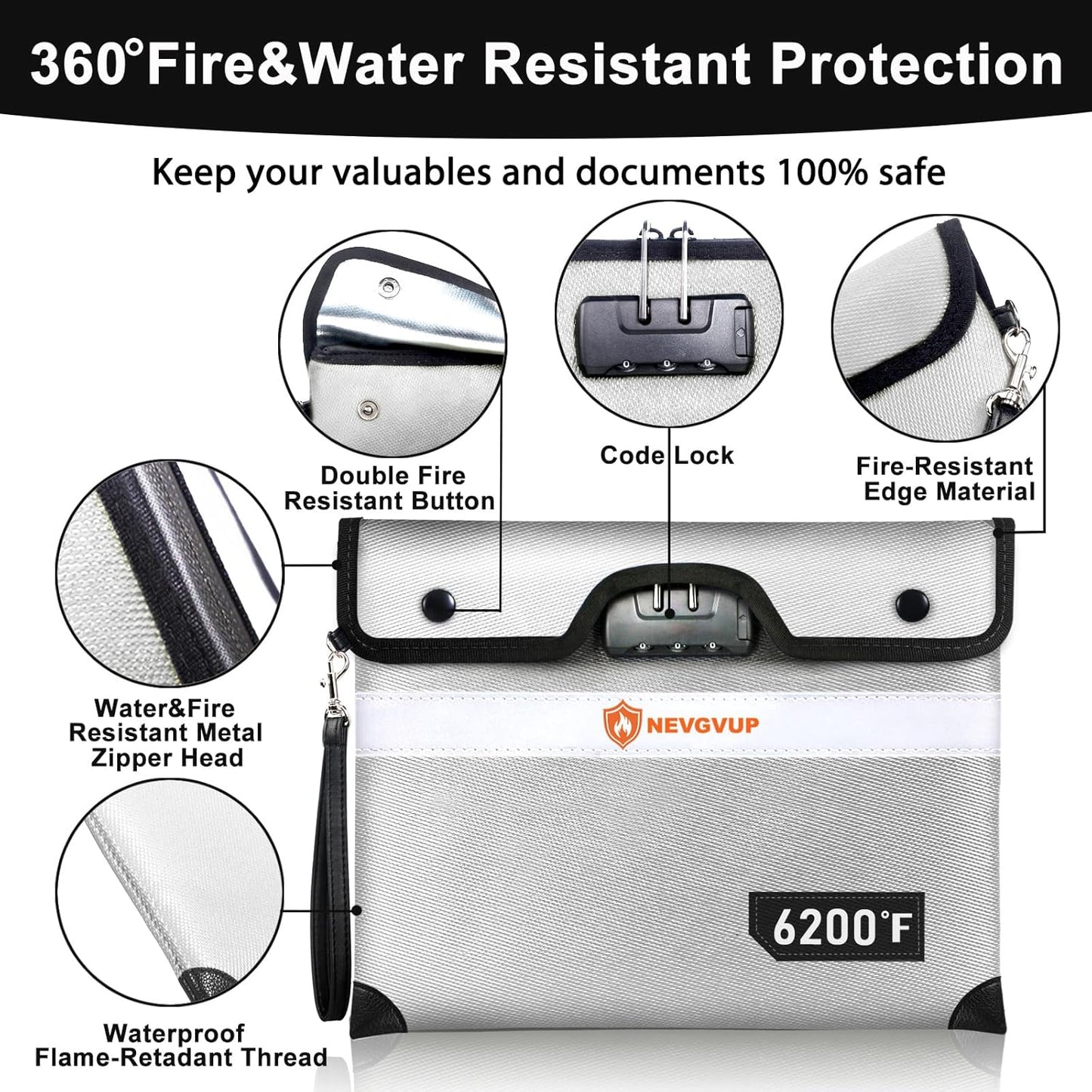 6200°F Fireproof Document Bag with Lock, Upgraded Fire proof Money Bag for Cash with Zipper/Reflective Strip, 9 Layer of Heat Insulated Material, Water Resistant Fireproof Bags for Documents,Safe Bags