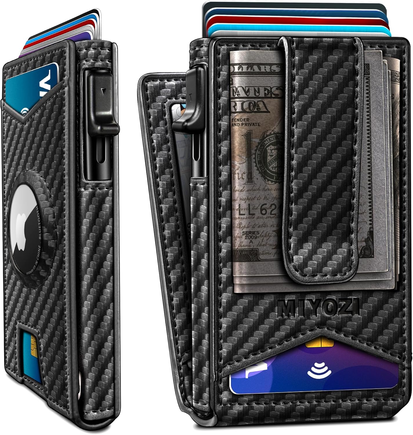 Airtag Wallet for Men,with Money Clip Gift Boxed,Slim Front Pocket Wallet RFID Blocking Metal Case Smart Pop-up Credit Card Holder in Magnetic Leather Flip