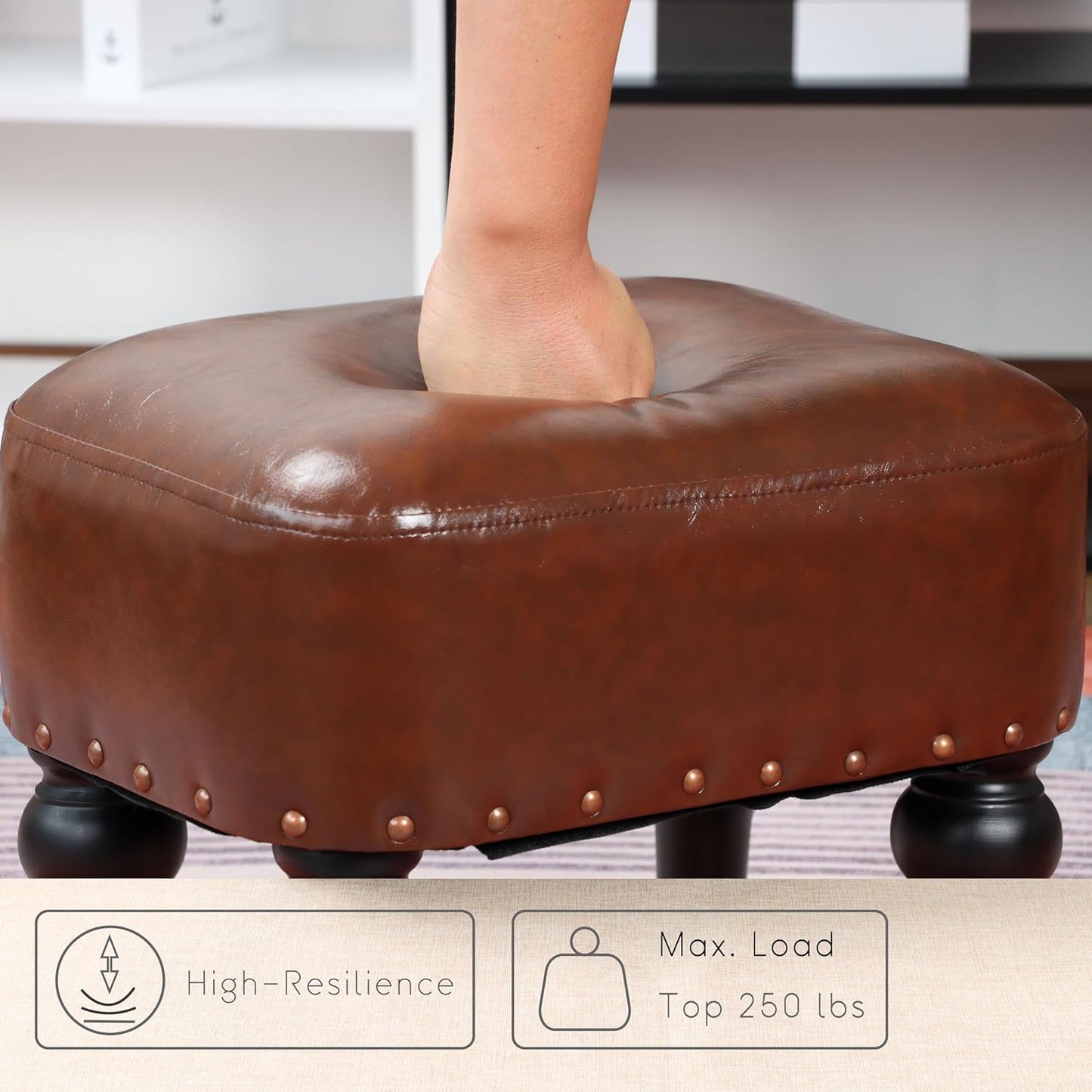 Ottoman Leather Foot Rest with Thicker Foam Padded Seat, Footstool with Wooden Legs (Brown)