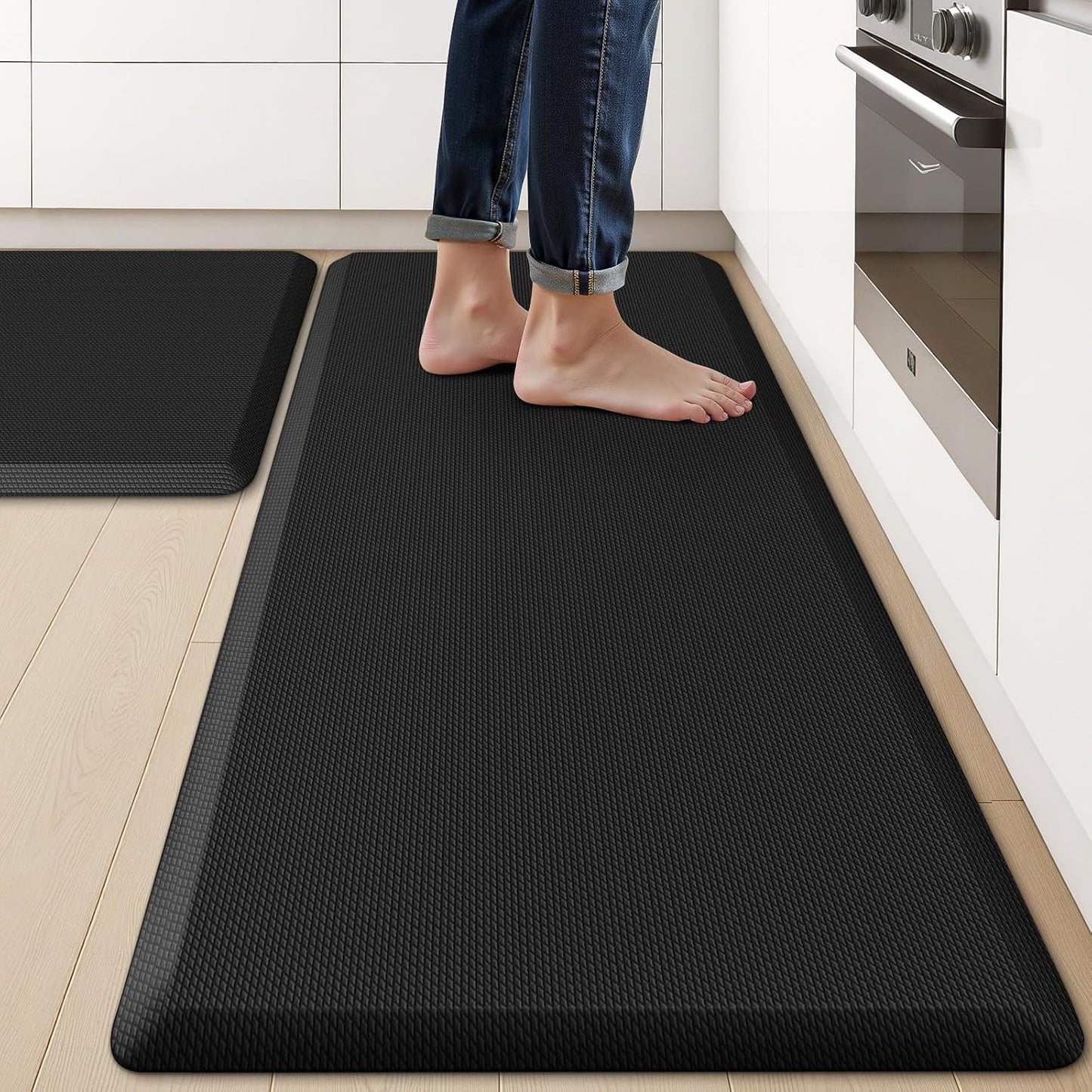 KitchenClouds 2PCS Kitchen Rugs Cushioned Anti-Fatigue Non-Slip Waterproof Kitchen Mat Comfort Foam Standing Mat for Floor Office Sink Laundry (Black)