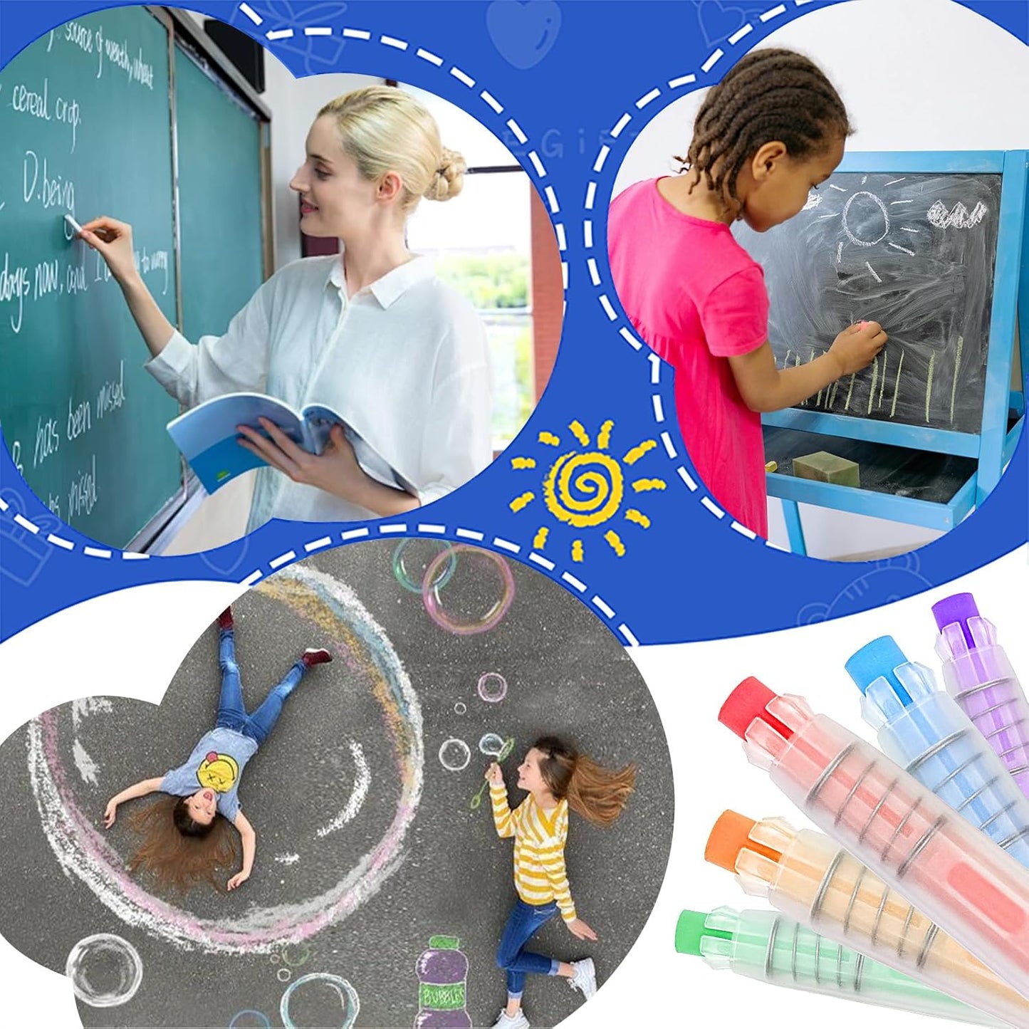 Washable Non-toxic Dustless Powerful Writing Chalk for Kids, Colored Sidewalk Chalk With Holder,Easy to wipe without leaving any marks,Tool for Blackboard, Kids Children Drawing Writing,12PCS