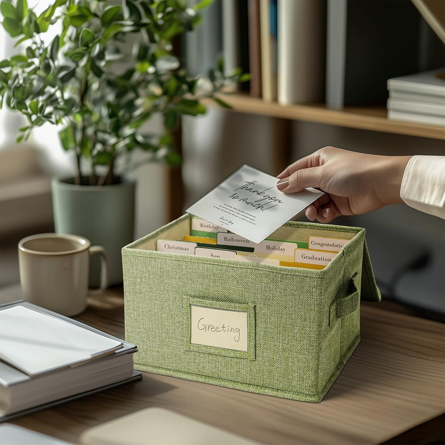 Vienrose Greeting Card Organizer Storage Box with 20 Removable Dividers, 84 Self-stick Labels, Perfect for Photos, Envelopes, Scrapbooking, Paper, Stickers Holder 2 Pack Grass Green