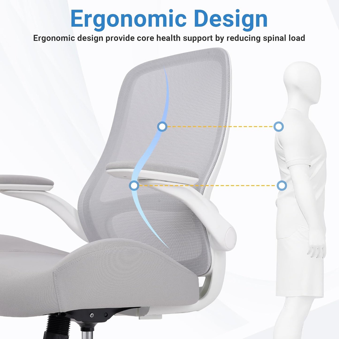 HYLONE Heavy Duty Office Chair, 5" Thickened Seat Ergonomic Desk Chair with Adjustable Armrests, Home Office Computer Chairs for Long Hours Mesh Executive Chair(White Base & Grey)