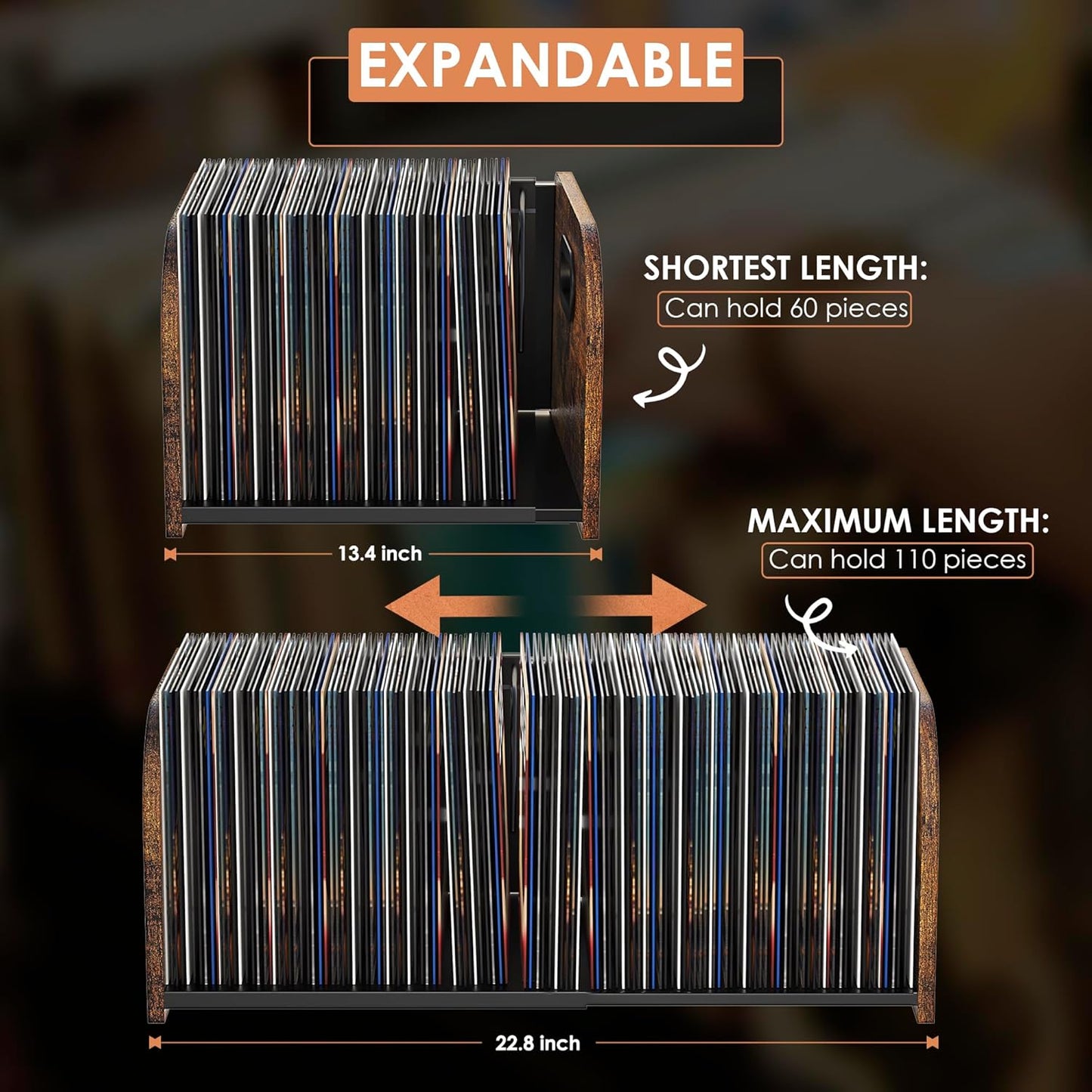 Vinyl Record Storage Holder, Expandable Record Holder Rack With Movable Divider, 110 LP Album Display Shelf Stand, Magazine Holder (Rustic Brown)