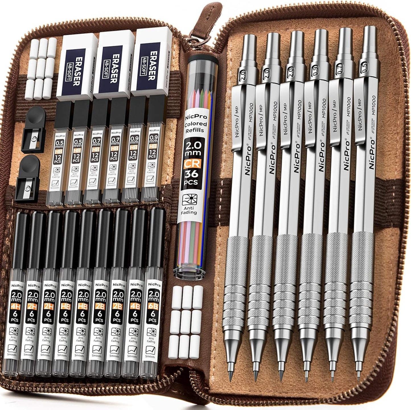 Nicpro 30PCS Silver Metal Mechanical Pencils Set in Leather Case, Art Drafting Pencil 0.5, 0.7, 0.9 mm, 2mm Lead Pencil Holder for Sketching Drawing With 16 Tube (6B 4B 2B HB 2H 4H Colors)Lead Refill