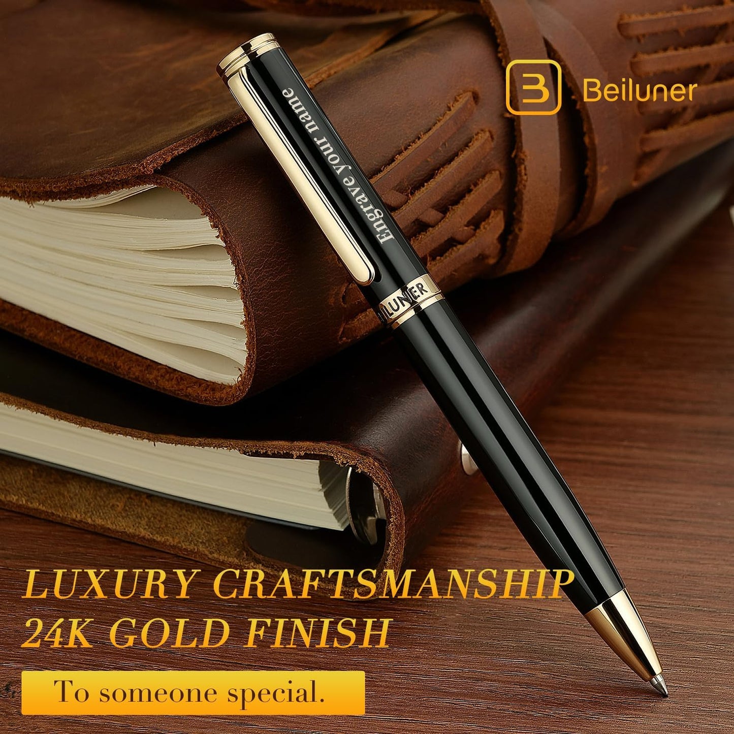 BEILUNER Luxury Personalized Gel Pen with 24K Gold Finish, Black Piano Lacquer, Luxury Grade Craftsmanship, Best Pen Gift Set for Men and Women, Professional, Executive, Office, Retractable Nice Pens