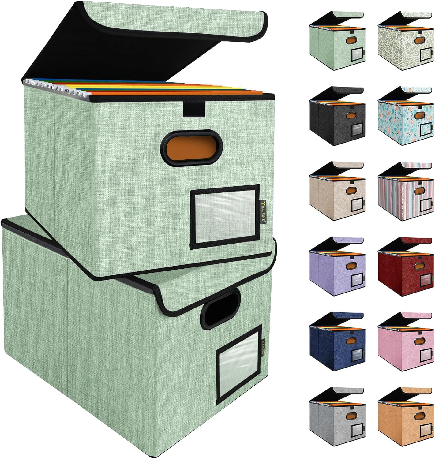 BALEINE File Organizer Box with Lid, Collapsible File Folder Organizer with Plastic Slide, Hanging File Folder Box for Office Document Storage (2 Pack, Green)