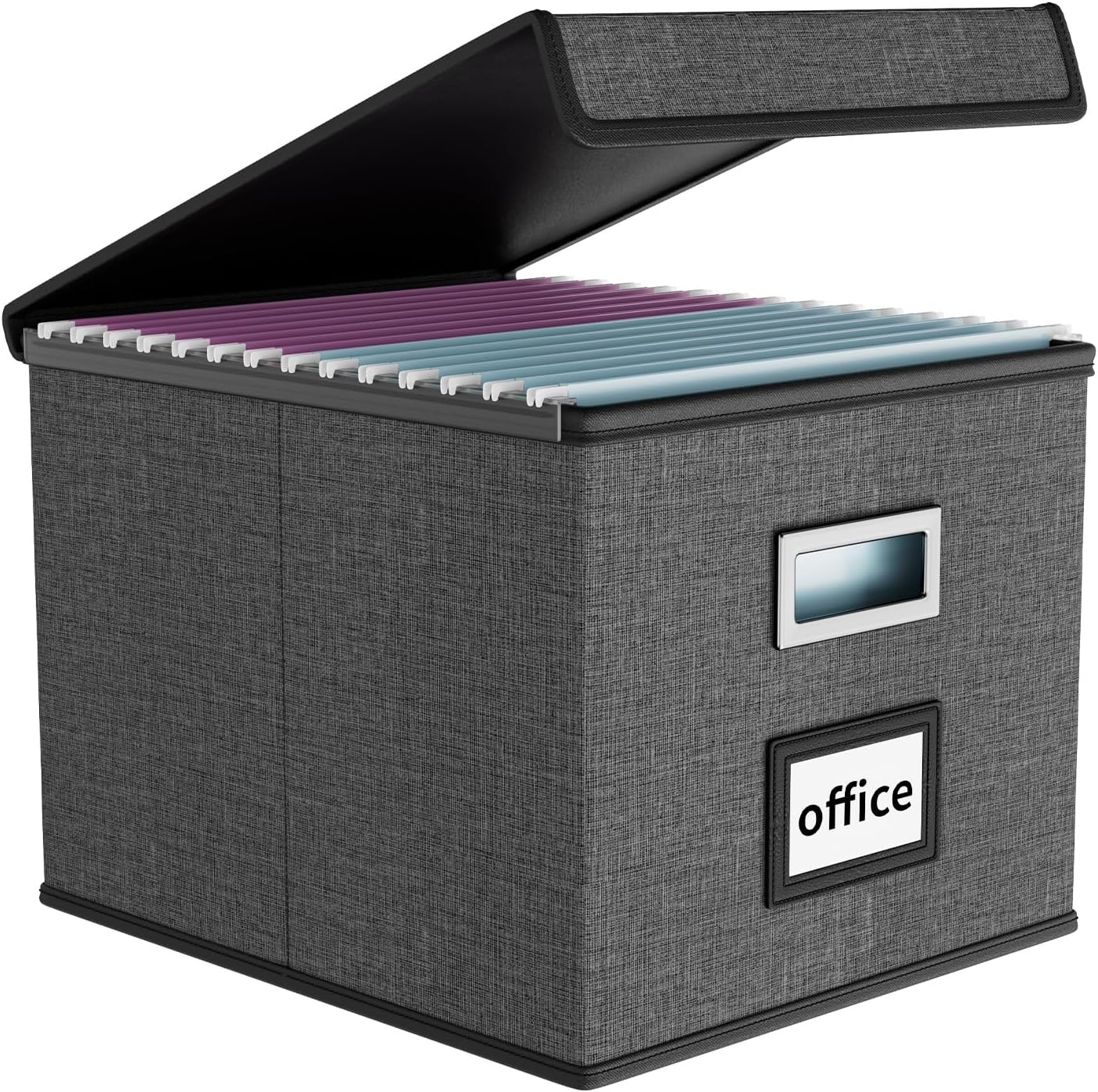 Collapsible File Storage Organizer Boxes with Lids, Linen Office Document Storage Box, Filing Box, Decorative Small File Box for Hanging File, Single File Box with Plastic Slide for Office/Decor/Home