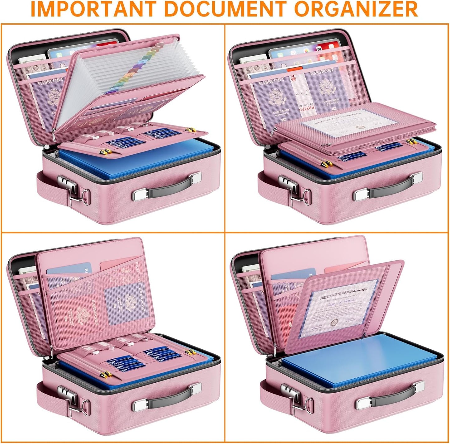 DocSafe Fireproof Document Box with Lock＆Shoulder Strap,Hard Case File Organizer with Accordion File Folder,Multi-Layer Portable Home Office Travel Safe Storage for Important Documents Laptop Pink