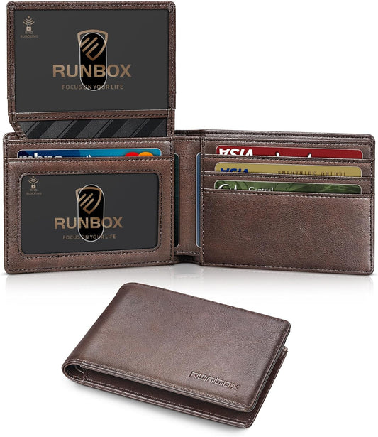 RUNBOX Wallet for Men Slim Rfid Leather 2 ID Window With Gift Box