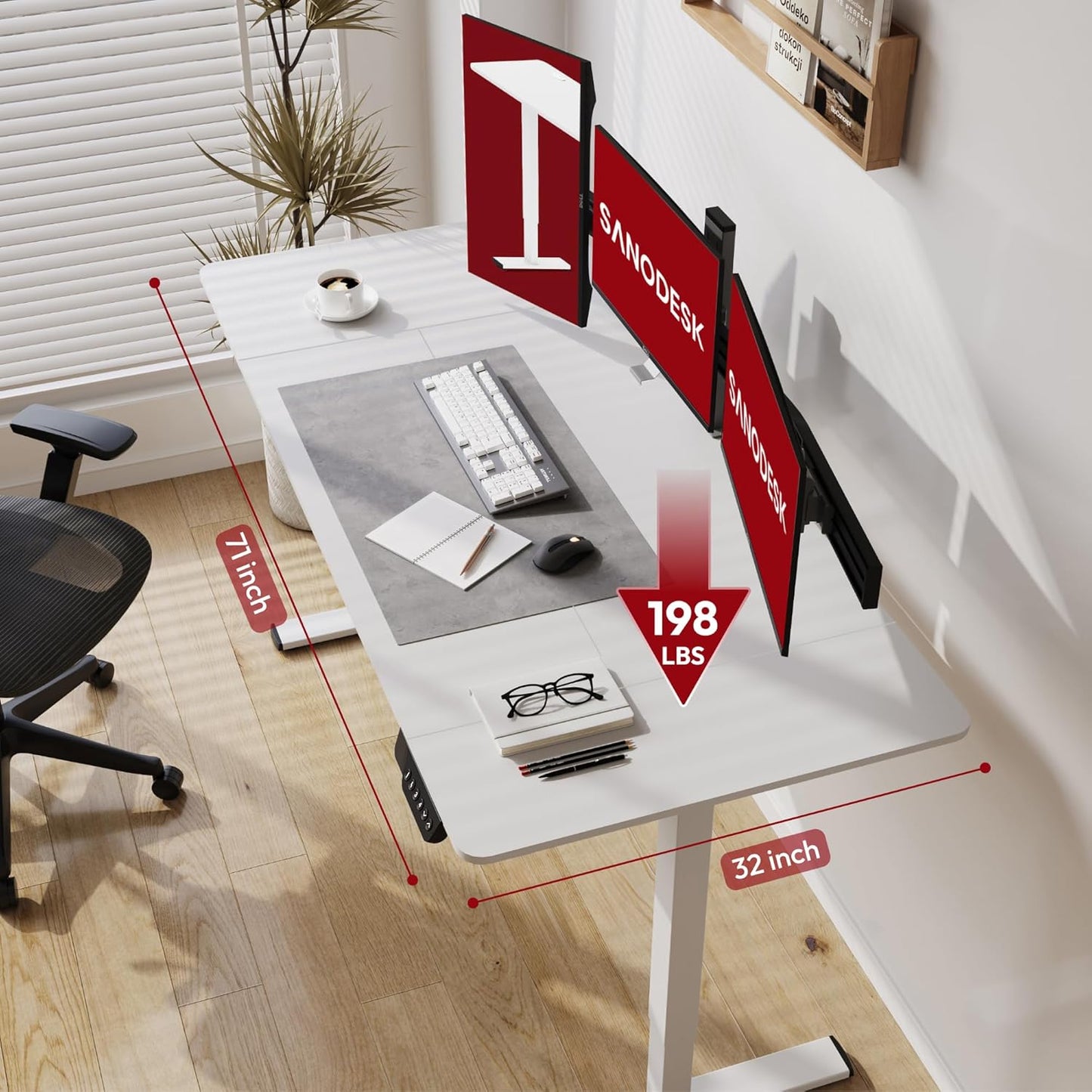 SANODESK Electric Standing Desk 71x32 Inch Height Adjustable Stand Up Desk Home Office Computer Workstation Sit Stand Home Office Desk with Splice Board (White Frame + White Top)