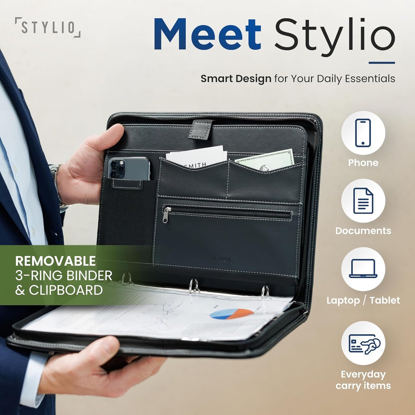 STYLIO Zipper Portfolio Binder | Padfolio 3 Ring Binder (1") and Clipboard Folio (Removable) | Portfolio Organizer for Documents, iPad, Tablet, Phone | Faux Leather Notebook for Men & Women