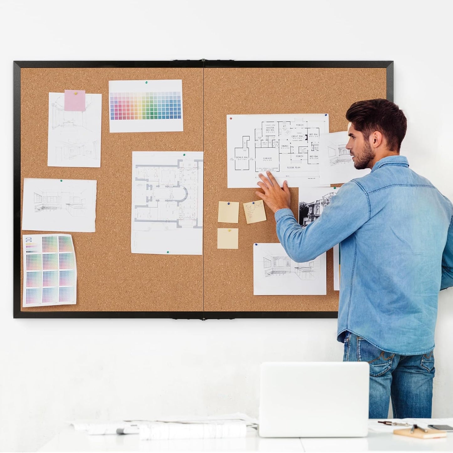 Board2by Extra Large Cork Bulletin Board 60" X 48", Foldable Notice Pin Board for Wall, Black Wood Framed 5'x4' Corkboard, Wall Mounted Noticeboard with 32 Push Pins for School, Home & Office