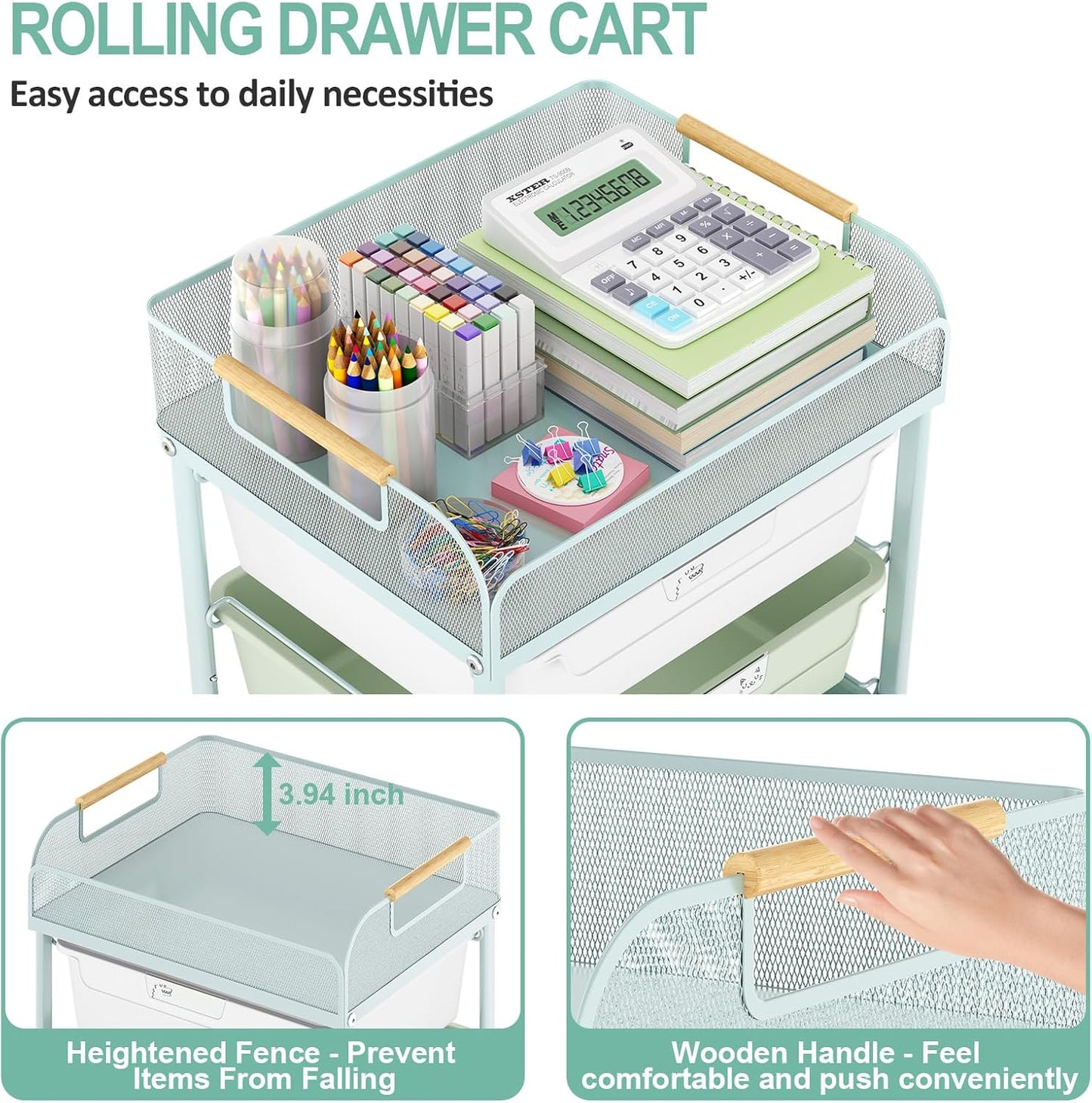 Rolling Utility Storage Cart with 4 Drawers - 4 Tiers Rolling Cart Craft Cart, Storage Drawer Cart Organizer for Craft Room Office Bedroom Classroom with Mesh Top & 4 PCS DIY Lable, Green