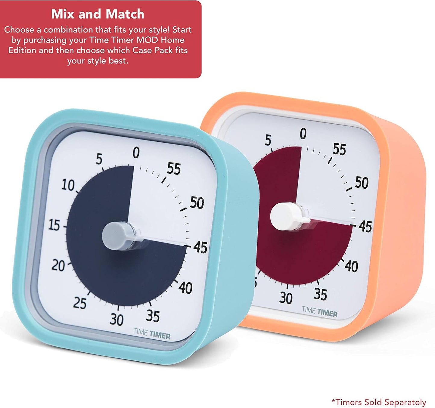 TIME TIMER Home MOD Color Cases - for Classroom Learning, Homeschool Study Tool, Student Desk Clock and Office Meetings with Silent Operation (2-Pack), Orange & Blue Pack
