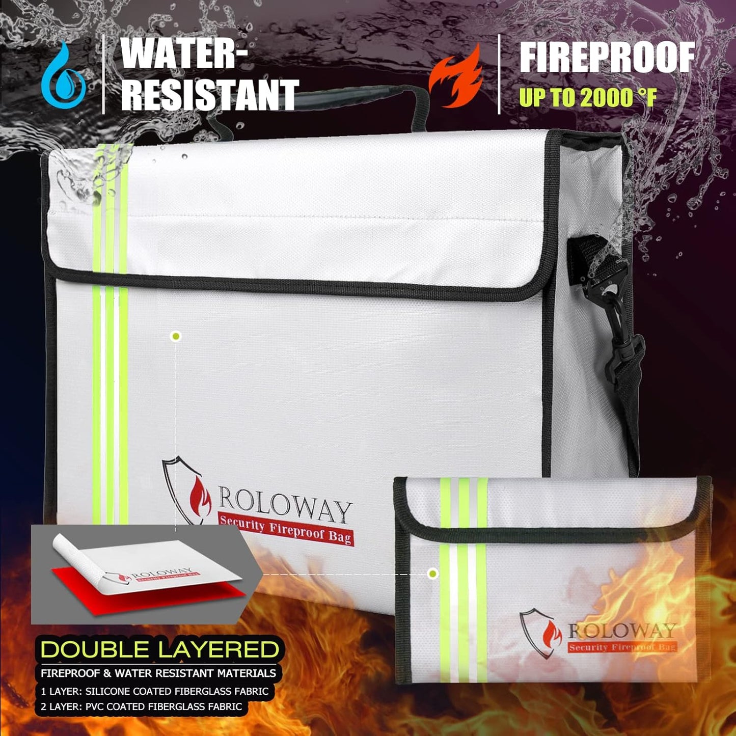 ROLOWAY Large (15 x 12 x 5 inches) Fireproof Bag with Reflective Strip, Water Resistant Fireproof Document Bag Safe for Money, Documents and Valuables Storage