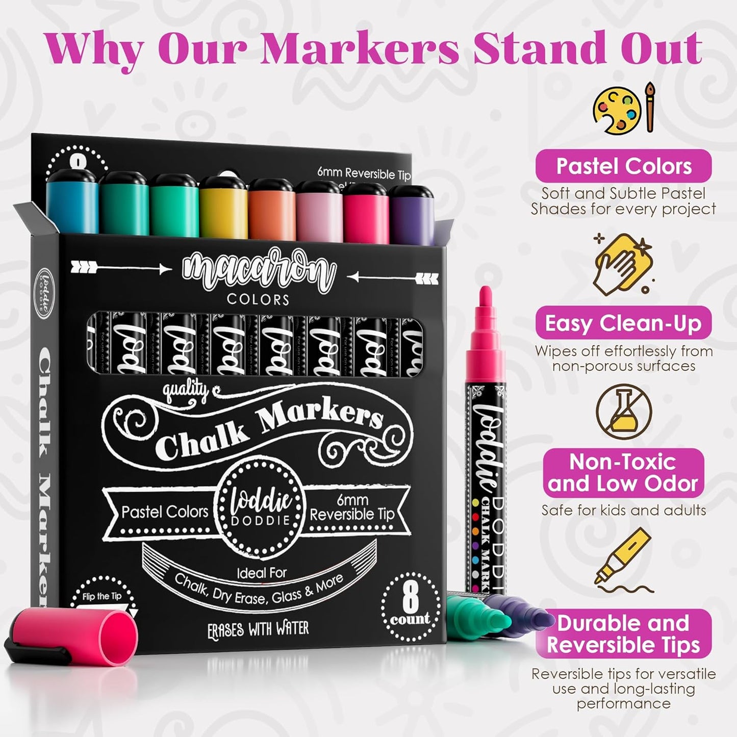 Loddie Doddie Liquid Chalk Markers - 8 Count, 6mm Reversible Chisel & Bullet Tips - Erasable Macaron Pastel Pens for Chalkboard & Acrylic Calendar - Teacher Must Haves - Dry Erase Markers - Chalk Pens