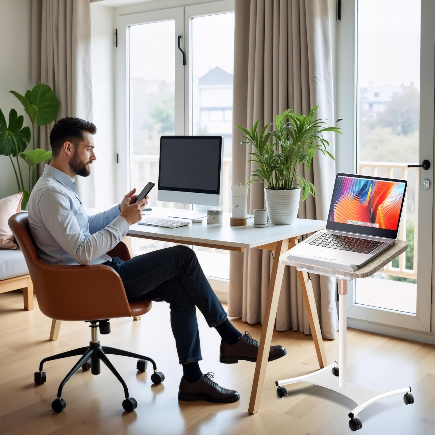 Rolling Laptop Floor Stand, Dual-Purpose for Desk & Floor, Adjustable Height from 16.5" to 51", with 4 Lockable Casters & Book Page Clips, Laptop Stand Ideal for Projectors, Books, Ipads (White)