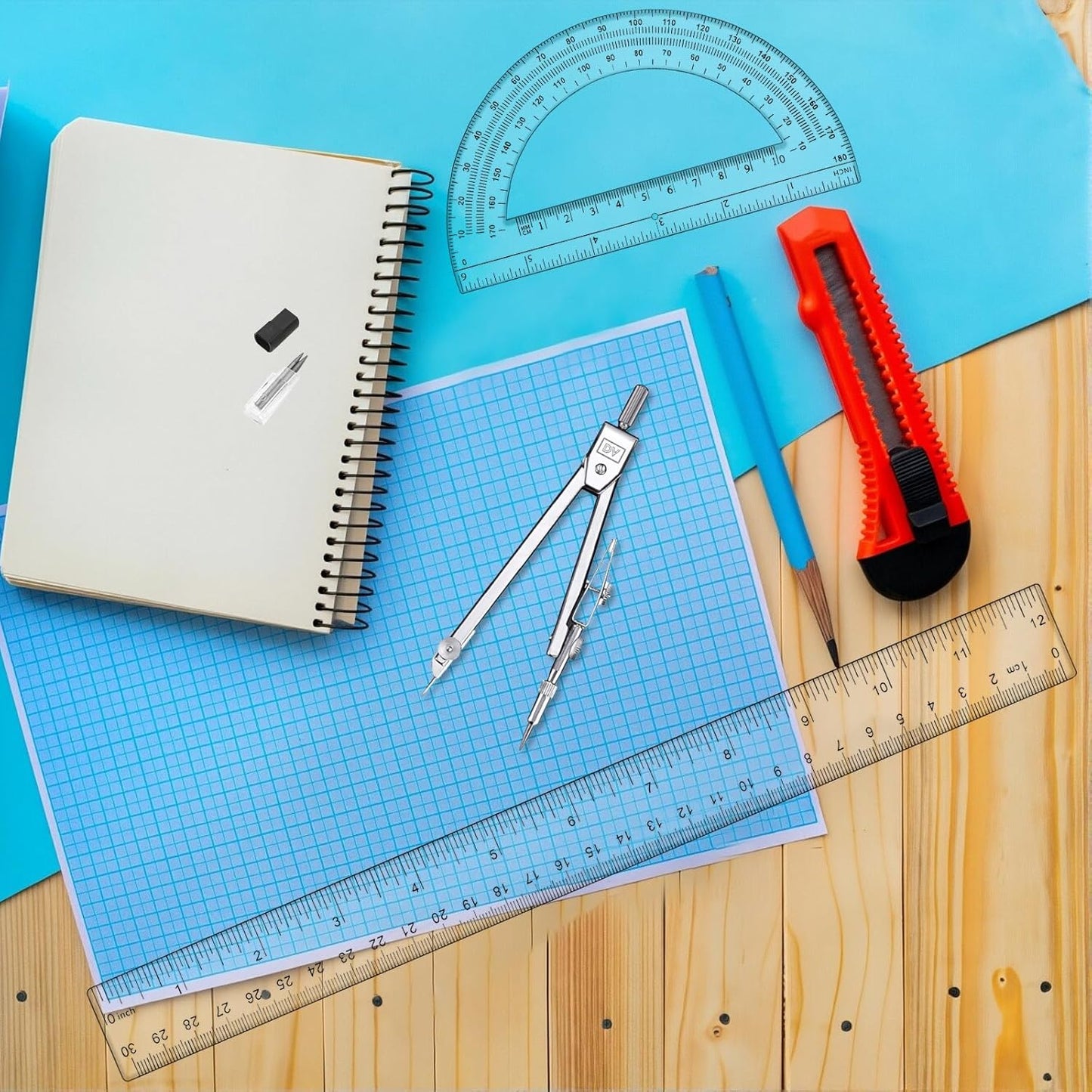 3 Pcs Plastic 12 Inch Ruler, Clear Protractor and Compasses Set for Student Geometry, Durable Transparent Drawing Measuring Rulers for School Office