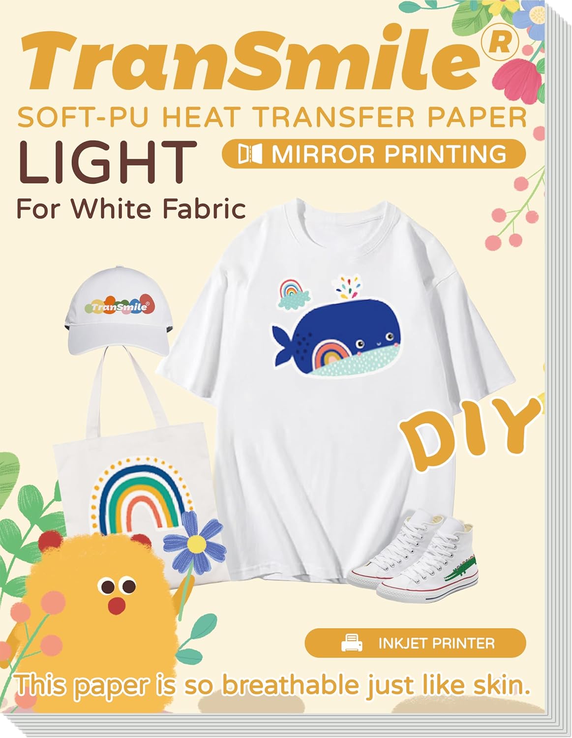 TranSmile PU-Heat Transfer Paper for Inkjet Printer (White, 40 Sheets, 8.5 x 11'') Printable Heat Transfer Vinyl for White Fabric, Iron on Transfers for T Shirts