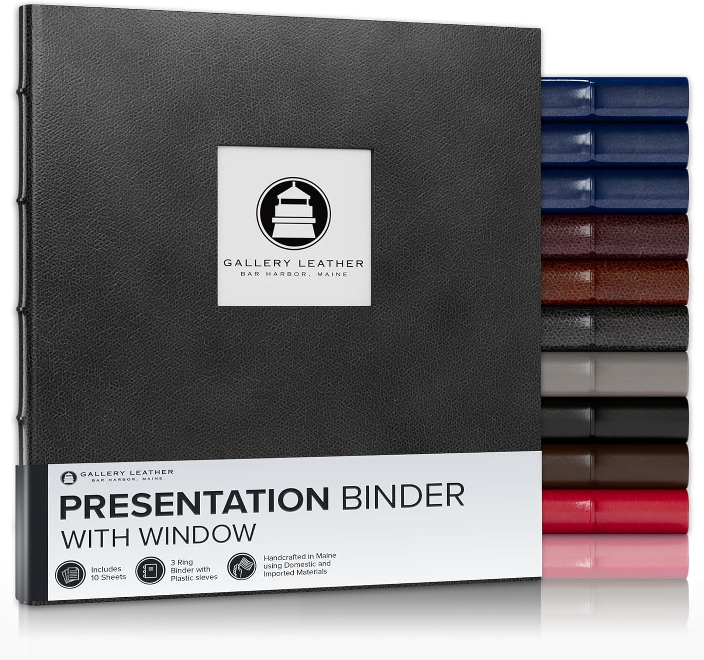 Gallery Leather 3 Ring Binder with Plastic Sleeves, Includes 10 Sheets, Sheet Size: 8.5" x 11" - Presentation Binder Rings with Window and Hubbed Spine, Thick: 0.75" Belfast Black