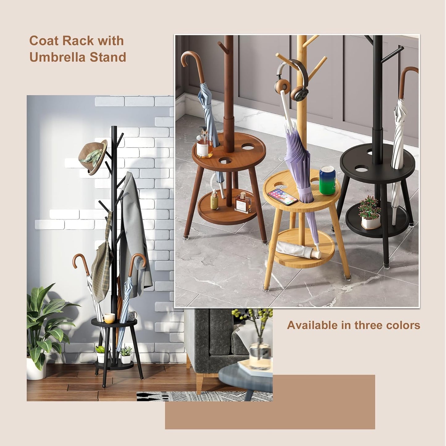 FILWH Freestanding Coat Rack with Umbrella Organizer Tray Bamboo Coat Tree Rack with 8 Hook Stand for Clothes Bag Hats Entryway Hanger Stand(Black)