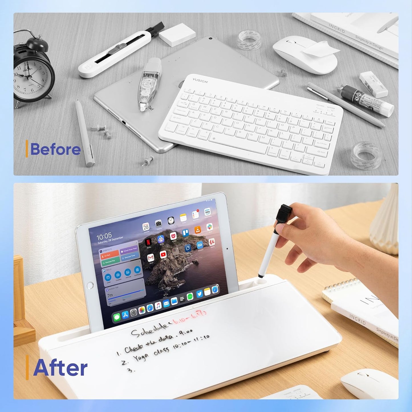 VUSIGN Glass Desktop Whiteboard with Storage, Small Organizer Dry Erase Board Desk Board Buddy White Board, Desktop Computer Pad for Notetaking, Desk Whiteboard for Office, Home, School Supplies