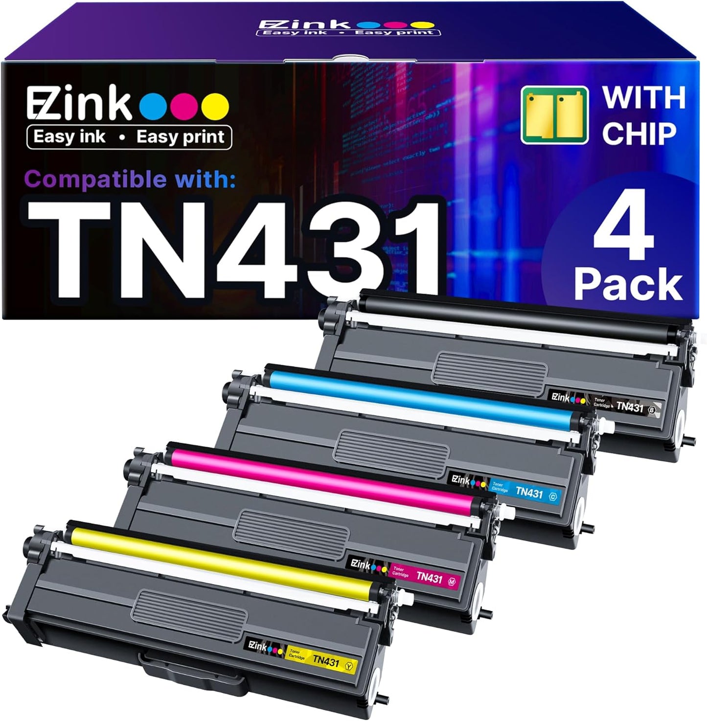 E-Z Ink TN431 Toner Cartridge Compatible for Brother TN431 TN-431 TN433 TN436 to Use with Brother HL-L8360CDW HL-L8260CDW MFC-L8900CDW MFC-L8690CDW Printer (Cyan, Yellow, Magenta, Black, 4 Pack)