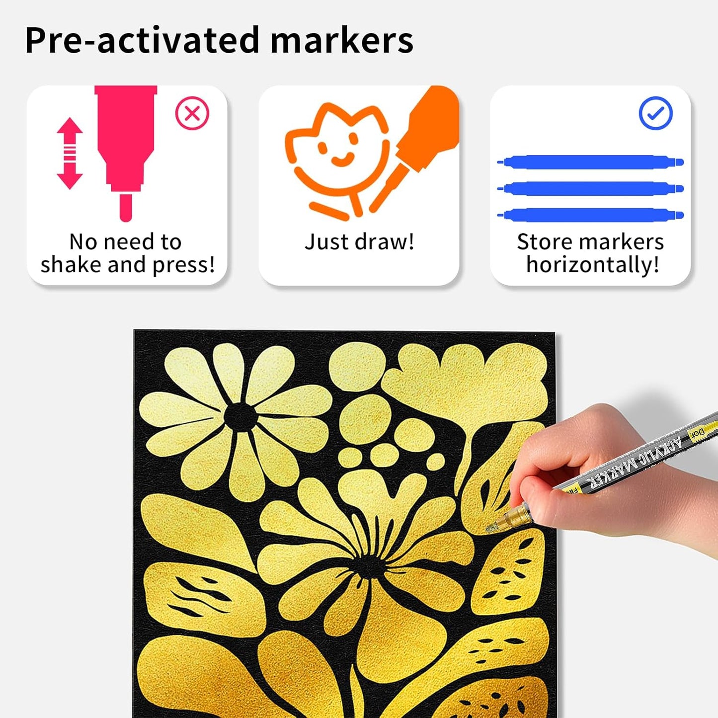 NAWOD 3 Gold Acrylic Paint Pens Markers, Dual Tip (Fine 1mm + Dot 5mm), for Rock Painting Fabric Canvas Glass Wood Ceramic Paper Eggs, Fabric Marker Ideal for Labeling DIY Crafts Art Projects