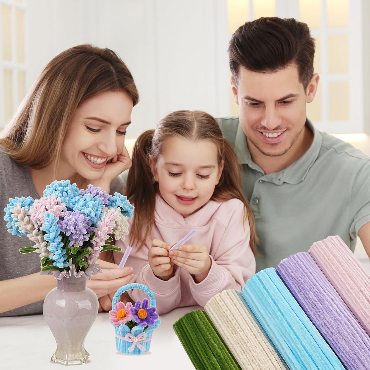 400 Pcs Craft Pipe Cleaners Flowers,5 Assorted Colors Chenille Stems Bulk with Floral Wires, Gardening Tape,Greeting Card,Bouquet Paper,Hot Glue Stick,Pearl & Ribbon,Ideals for Various Types Decor