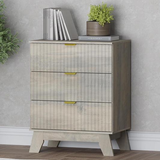 Fluted 3 Drawer Dresser, 30.3" Tall Compact Modern Boho Chest of Drawers, Wooden Storage Cabinet for Bedroom, Living Room, Entryway, Curved Profile Design