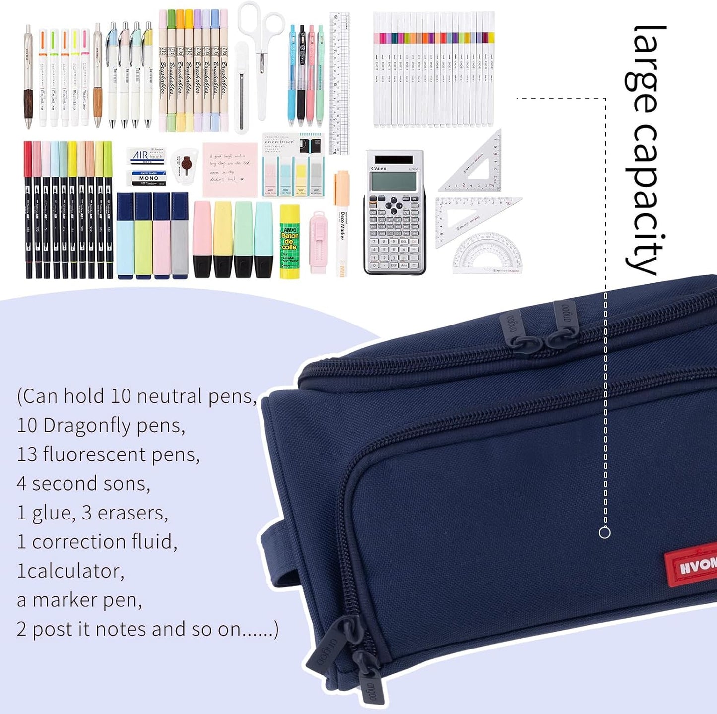 HVOMO Big Capacity Pencil Case High Large Storage Pouch Marker Pen Case Travel Simple Stationery Bag School College Office Organizer for Teens Girls Adults Student（Blue）