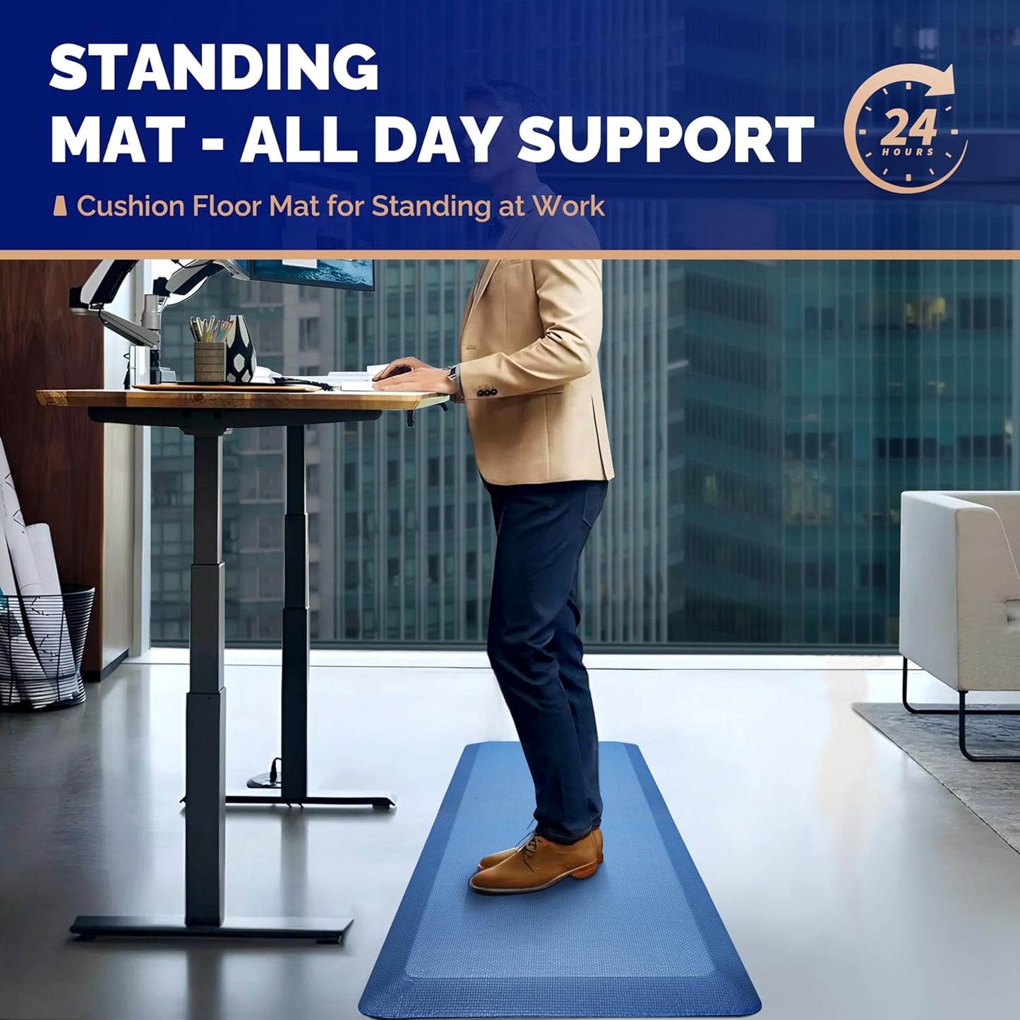 Anti Fatigue Mat Floor Kitchen Mat, FEATOL Standing Desk Mat Foam Cushioned Anti Fatigue Mats Comfort Standing Pad 9/10 Inch Thick (20" x 39", Blue)
